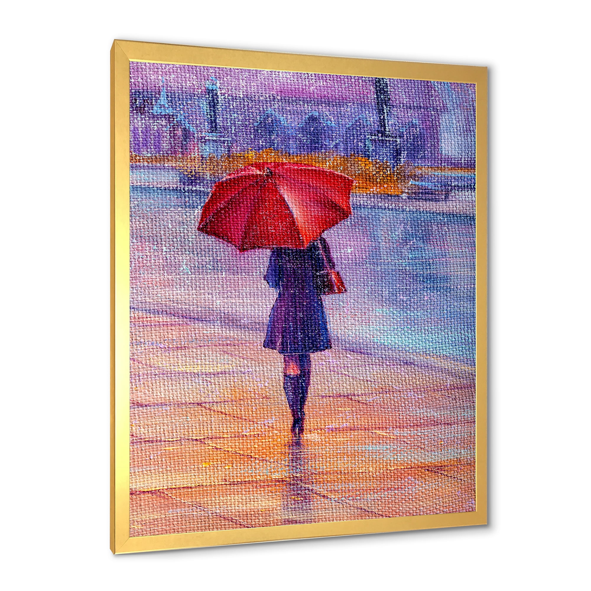Designart 'Girl Walking With Red Umbrella Under The Rain' French Country Framed Art Print