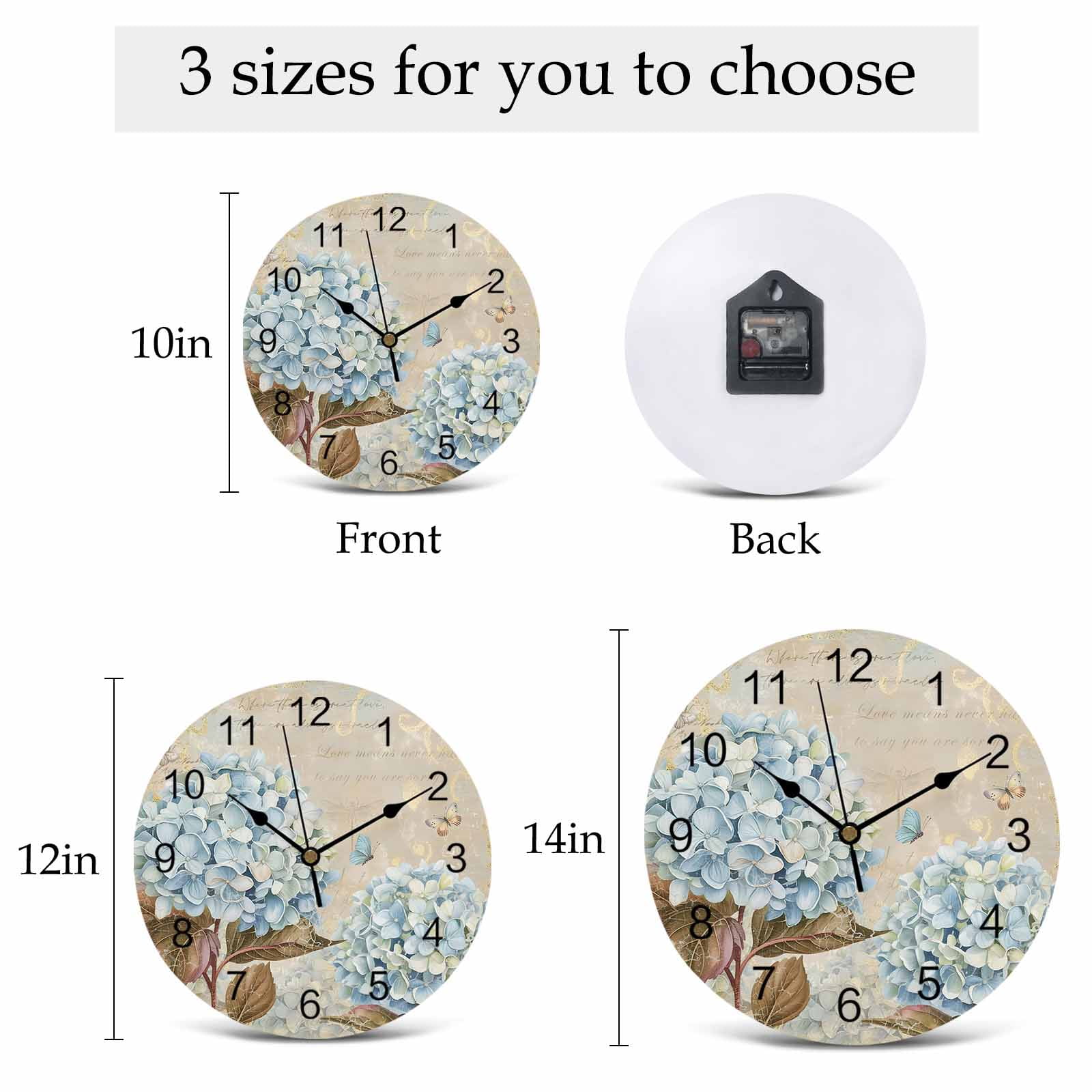 Wall Clock Hydrangea Floral Clocks PVC Silent Non-Ticking Battery Operated Decorative Butterfly Vintage Blossoms Flowers Round Clock for Home Living Room Kitchen Bedroom Office Wall Decor 10 Inch