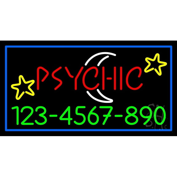 Red Psychic White Logo Phone Number LED Neon Sign 13" Tall x 24" Wide - inches Black Square Cut Acrylic Backing, with Dimmer - Bright and Premium built indoor LED Neon Sign for Storefront.