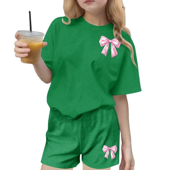 CYRBOKO Girls Casual Outfit Sets, 2-Piece Summer Elastic Waist Athletic Short Sleeve Tops with Shorts Green Size 10-12 T