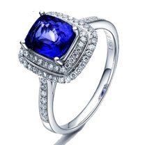 Vintage Look 2.05 Carat Blue Sapphire 7mm Cushion Cut And Diamond Moissanite Halo Engagement Ring in 10k White Gold for Women