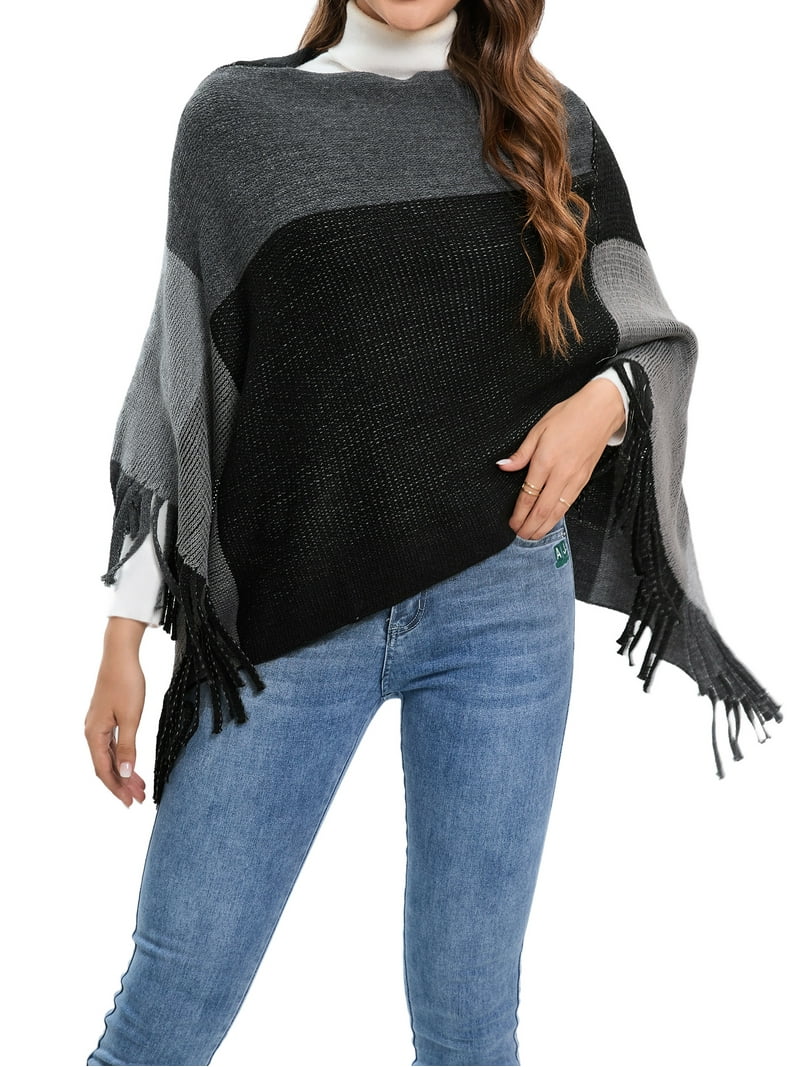 SHCKE Women's Knitted Poncho Top Sweater Tassel Wrap Outwear Knit