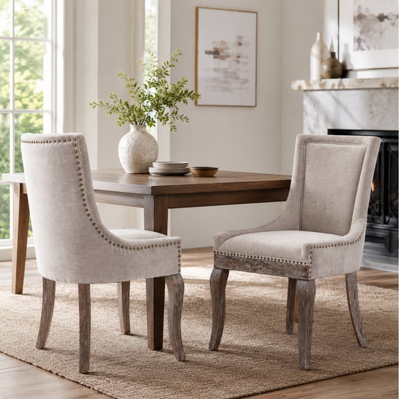 Dining Chairs Set of 2, LEGAHOME Beige Fabric Upholstered Dining Chairs, Mid-century Kitchen Chairs with High Back, Bronze Nail Head, Solid Wood Legs, Beige, 2 Pcs