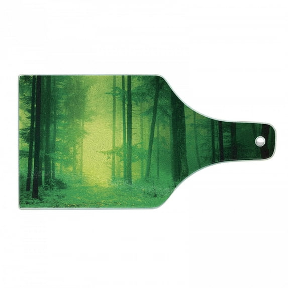 Mystic Cutting Board, Fantasy Warm Season Springtime Forest Tall Trees Twilight Art Print, Decorative Tempered Glass Cutting and Serving Board, Wine Bottle Shape, Green, by Ambesonne