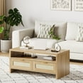 thumbnail image 4 of Rattan Coffee Table for Living Room, Boho Coffe Tables with 2 Drawers, Modern Coffee Table with Storage Place, Wooden Coffee Table for Home, Oak, 4 of 9