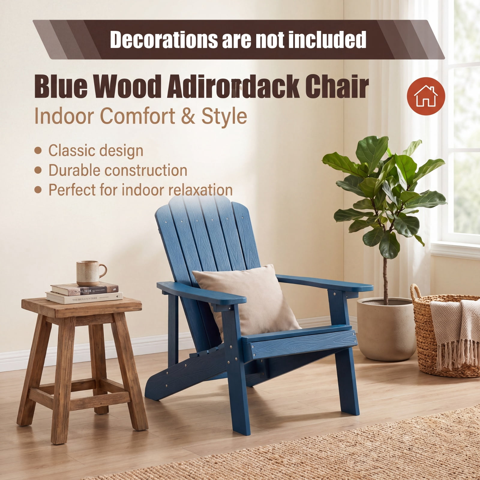 Furnibear Weather Resistant HIPS Outdoor Adirondack Chair with Hidden Cup Holder and High Backrest for Garden Patio and Poolside, Navy