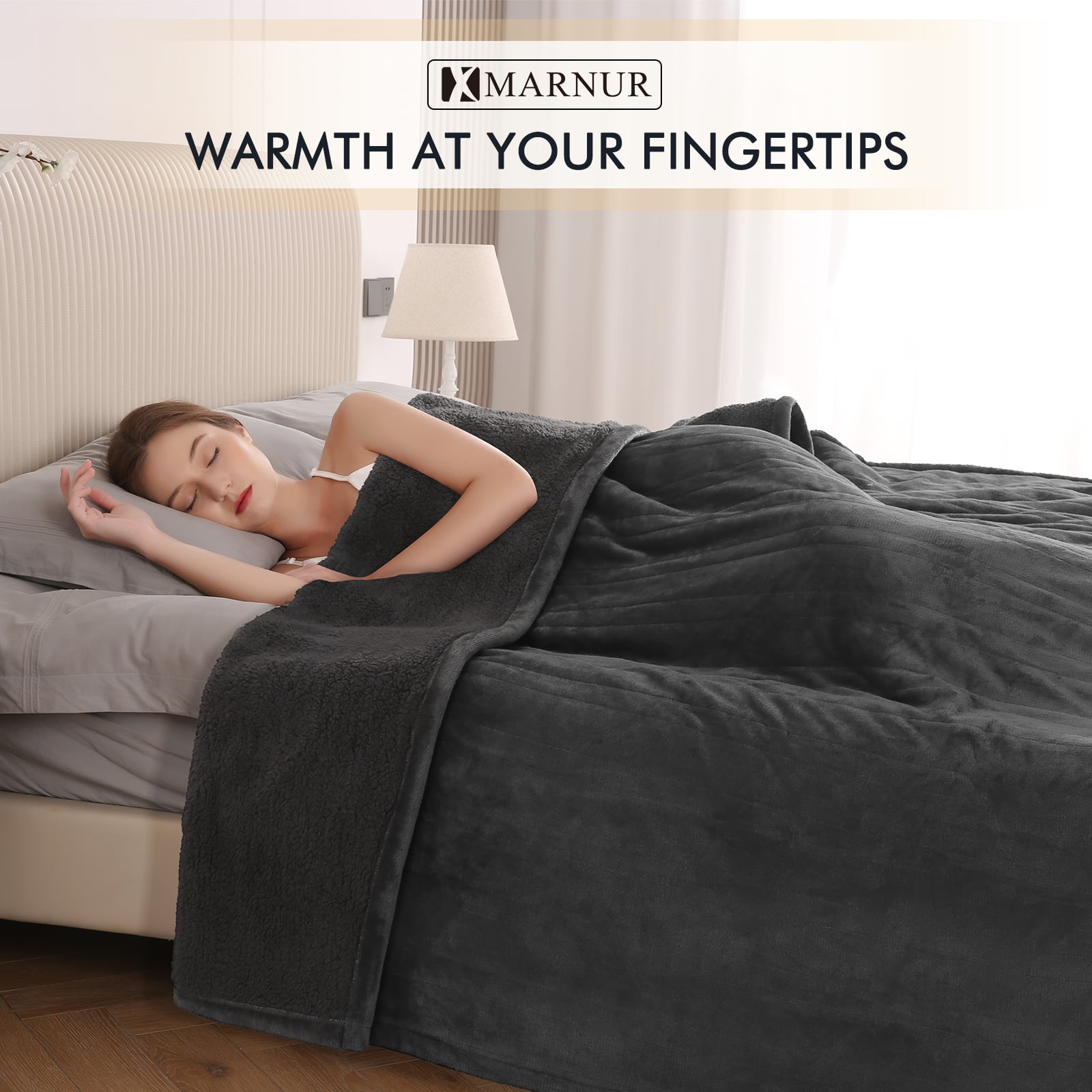 MARNUR Heated Blanket Queen Size 84''x90'', Fast Heating with Dual Controllers Electric Blanket, 10 Heating Levels, 10H Timer, Preheat Function - Gray