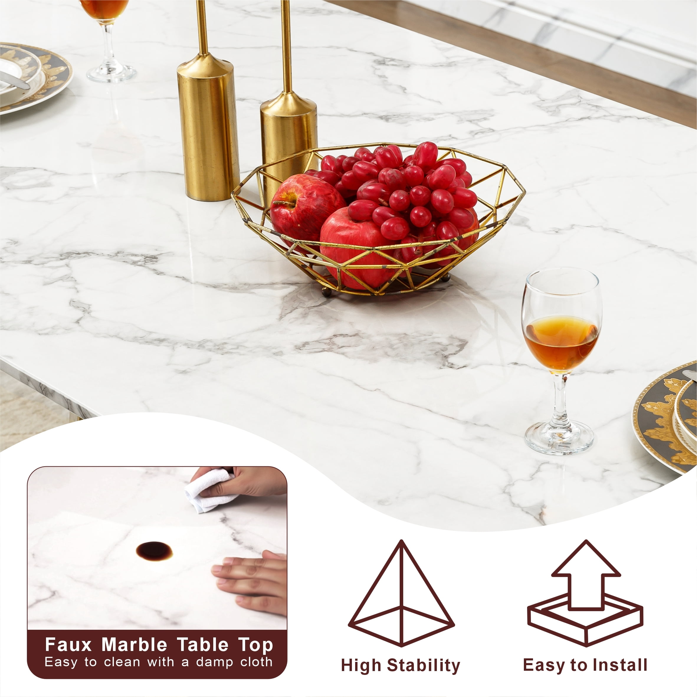 Shikeyi 70" Marble Dining Table for 6-8, Modern Luxury Silver Rectangular Large Kitchen Table, Marble Grain MDF Tabletop & Stainless Steel Base for Kitchen Dining Room, White (Table Only)