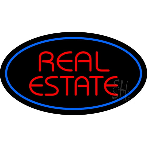 Real Estate Oval Blue LED Neon Sign 13 x 24 - inches, Black Square Cut Acrylic Backing, with Dimmer - Bright and Premium built indoor LED Neon Sign for office, and stroefront