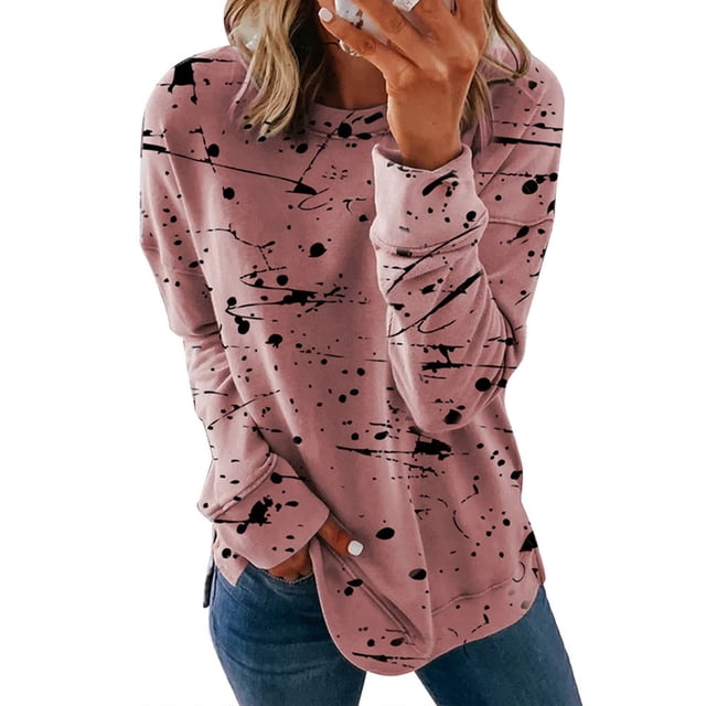 Fashnice Tee-Shirt Femme Col Rond T-shirt Imprimé Graffiti T-shirt Ample Automne Chandail Rose P