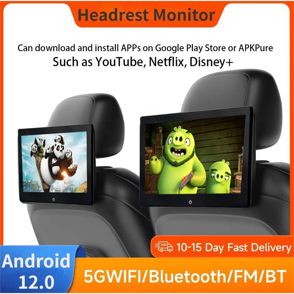(2 PCS) 10.1"Car Headrest Monitor Tablet Screens Android 12 2G 32G Auto Rear Seat Video TV Player FM Bluetooth USB GPS New 2024 Model