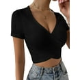 thumbnail image 3 of VSNOW Women V Neck Wrap Crop Tops Casual Short Sleeve Solid Blouse T-shirt, 3 of 4
