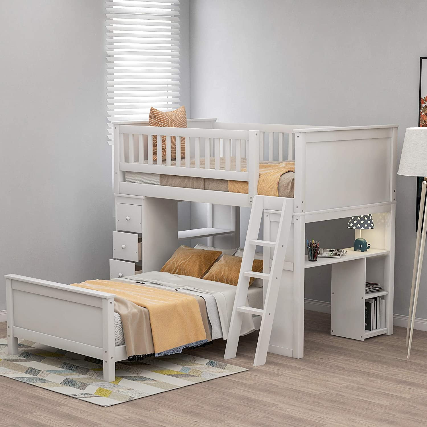 Bunk Bed Twin Over Twin, Twin Loft Bed with 4 Storage Drawers, Desk and Shelves for Kids, Bed