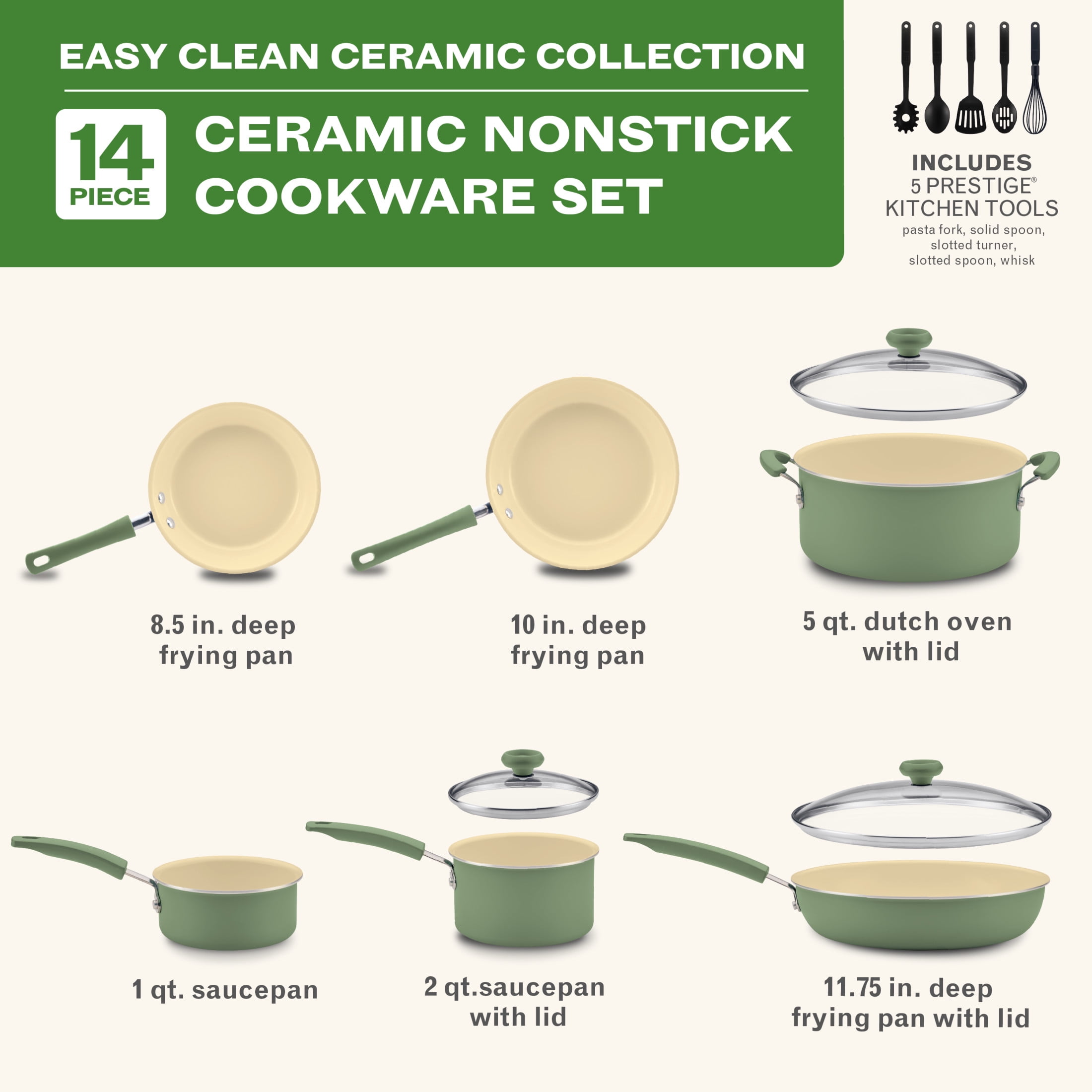 Farberware Easy Clean 14 Pcs Ceramic Nonstick Cookware Set with Cooking Tools, Dishwasher Safe, Green