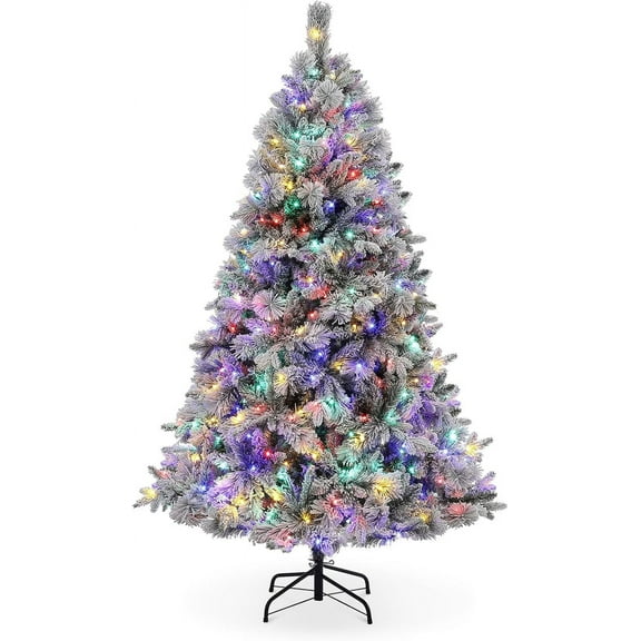 6Ft Prelit Artificial Christmas Tree, White Snow Flocked Xmas Tree, 850 Branches Tips Hinged Christmas Tree with 400 Multicolor LED Lights for Home, Office, Party Decoration