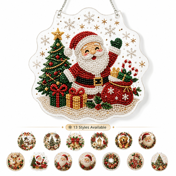 Christmas Pearl Diamond Painting Suncatcher Kit, 3D Pearl Art DIY Craft for Adults Beginners, Sparkling Christmas Window Hanging Decor with Acrylic Board & Chain