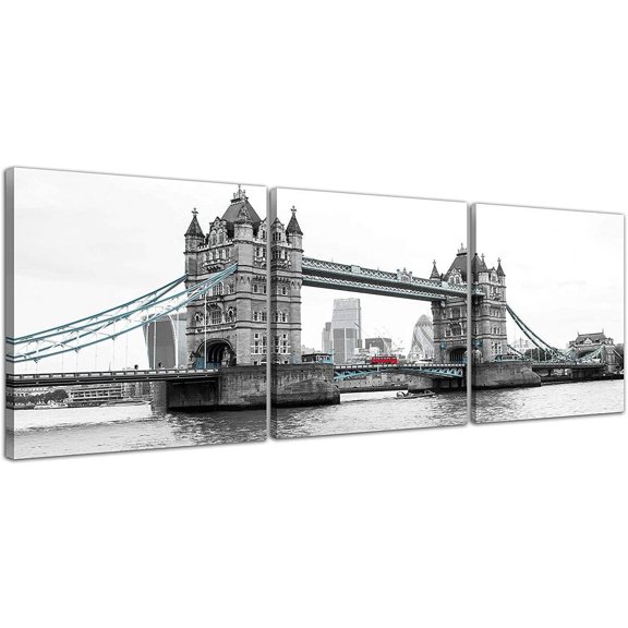 3 Pcs Modern London Tower Bridge Canvas Prints Red Bus on Bridge Black and White Wall Art Landscape Wall Decor Paintings on Canvas Stretched and Framed Ready to Hang for Home Decor