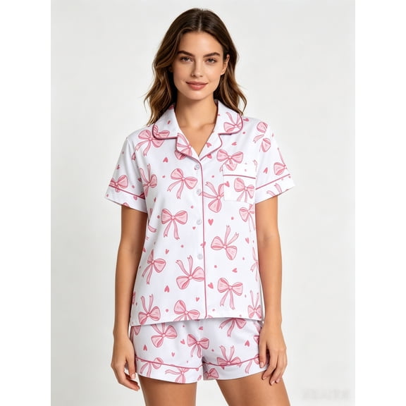 VONCOS Womens Pink Bow Print Short Sleeve 2 Piece Pajama Set Soft Breathable Sleepwear Lounge Shorts Set,Size L