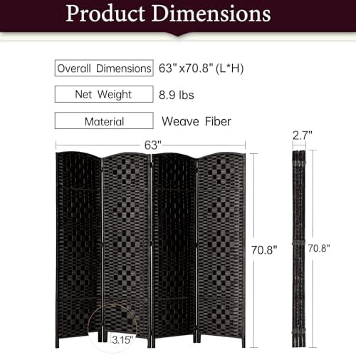 6 ft Tall Room Divider, Room Dividers and Folding Privacy Screens, 15.7in Privacy Screen 4 Panel Partition Temporary Wall Separation for Private, Black