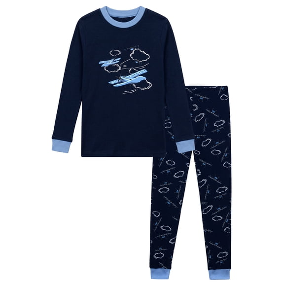 NIPAXO Boys Pajamas Set Long Sleeve Airplane Cloud Print Casual Sleepwear with Blue Trim for Toddler Little Boys