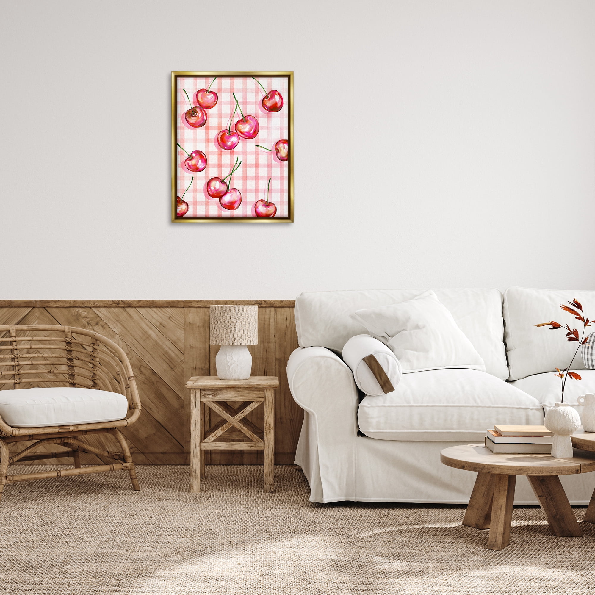 Stupell Industries Gingham Pattern Cherries Food & Beverage Painting Gold Floater Framed Canvas Art Print Wall Art, 25 x 31