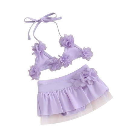 

Suealasg Infant Baby Girls 2Pcs Bikini Split Swimwear Set Newborn Girls Halter Neck 3D Flower Tie Up Tops + Elastic Waist Shorts Toddler Girls Swimwear Beachwear