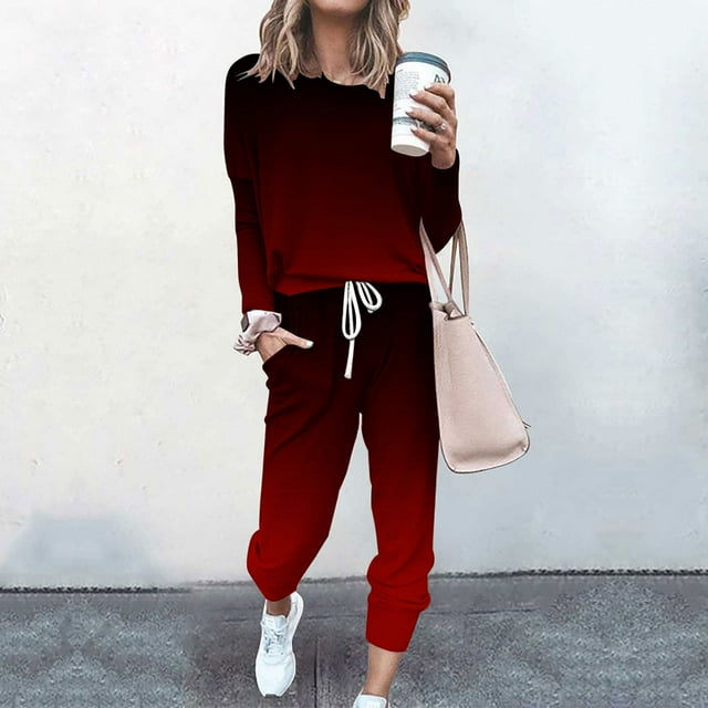 DPTALR Women Loose Two-piece Sets Solid Long Sleeve Tops Casual Pants Sweatsuit
