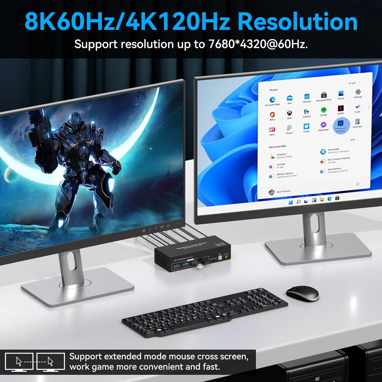 AUBEAMTO Displayport KVM Switch 2 Monitors 2 Computers 8K@60Hz 4K@120Hz Dual Monitor USB 3.0 DP KVM Switches for 4 USB3.0 Devices, Wired Extension Button,12V DC Adapter and 2 USB 3.0 Cables