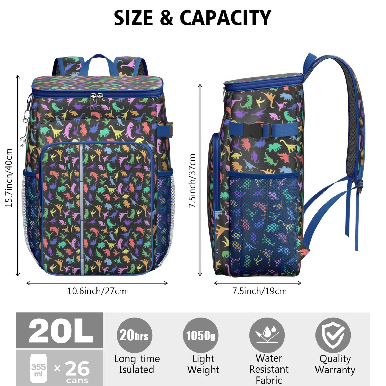 Travel Cooler Bag - Colorful Cartoon Dinosaurs RainbowColors Pattern Camping Beer Cooler Backpack with Bottle Opener- Waterproof Insulated Picnic Backpacks - Cooler Bag for Beach