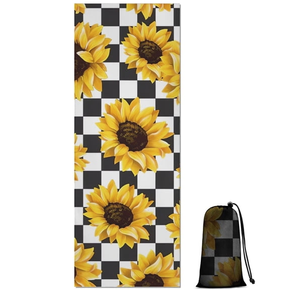 Black White Checker Sunflower Pattern Hot Yoga Mat Towel Non Slip for Hot Yoga - Quick-Drying Yoga Mat Cover with 4 Corner Pockets with Travel Bag - Hot Yoga Towel Non Slip 70"x26"