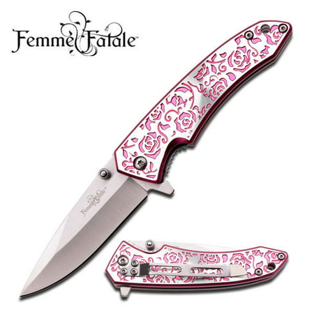 SPRING-ASSIST FOLDING POCKET KNIFE | Femme Fatale Pink Silver Rose Tactical (Best Tactical Folding Knife Brand)