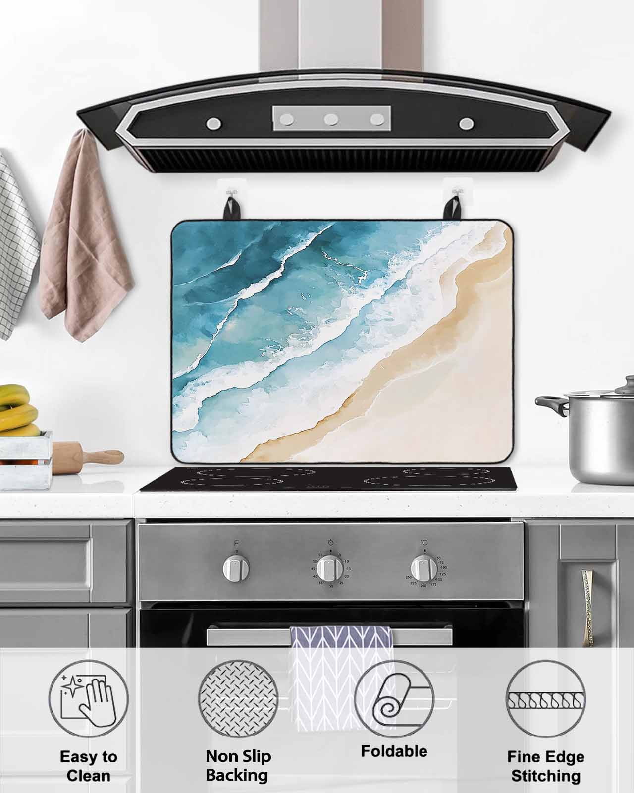 nqOlkjepod Large Induction Cooktop Protector Mat 24"x21", Blue Teal Beach Coastal Stove Top Covers for Electric Stove, Summer Nautical Seaside Ocean Stove Burner Cover Mats, Glass Top Stove Cover
