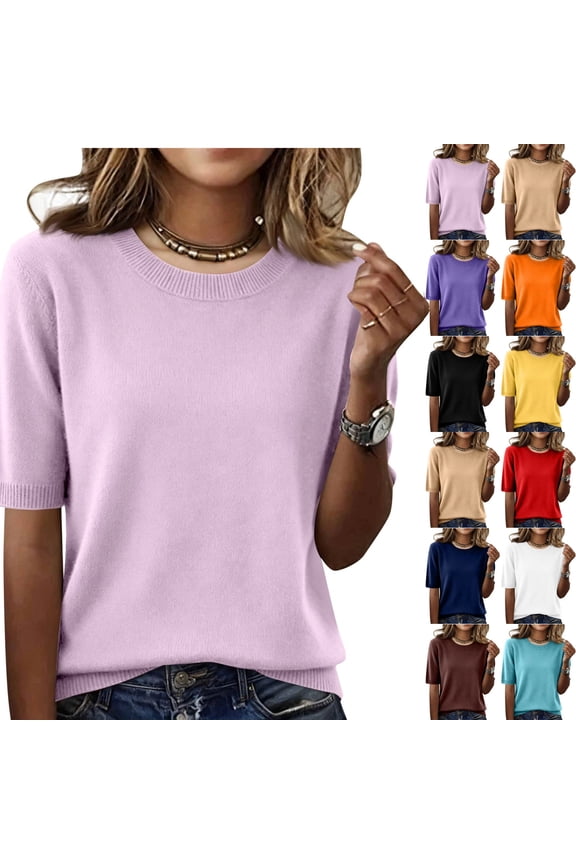 Women's Lightweight Knit Tops Crew Neck Short Sleeve Wool Blend Sweater Shirts Soft Breathable Business Daily Wear Summer Dressy Casual Blouses, #01 Purple Pink, M