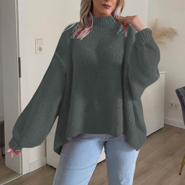 Hot6sl Womens Solid Color Casual Loose Sweater High Neck Sweater