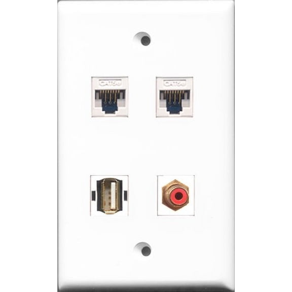 RiteAV - 1 Port RCA Red and 1 Port USB A-A 2 Port Cat5e Ethernet White Wall Plate