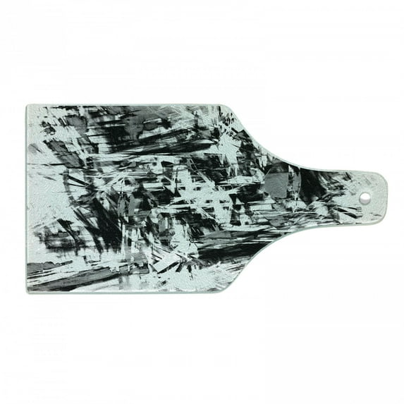 Monochrome Cutting Board, Old Grunge Style Abstract Art with Brushstrokes Chaos Image Print, Decorative Tempered Glass Cutting and Serving Board, Wine Bottle Shape, White Black and Grey, by Ambesonne