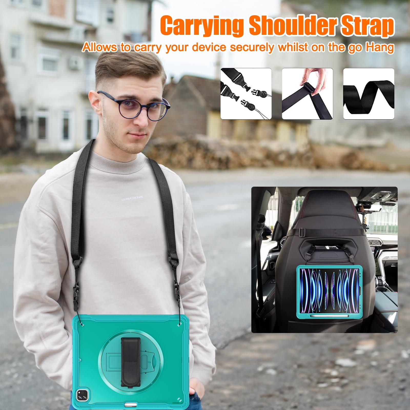 Allytech Rugged Case for Apple iPad Pro 12.9 2022/22021/2020/2018 6th/5th/4th/3rd Gen Kicktand Translucent Back Cover Shockproof Adjustable Shoulder Strap Kids Friendly with Pencil Holder-Blue
