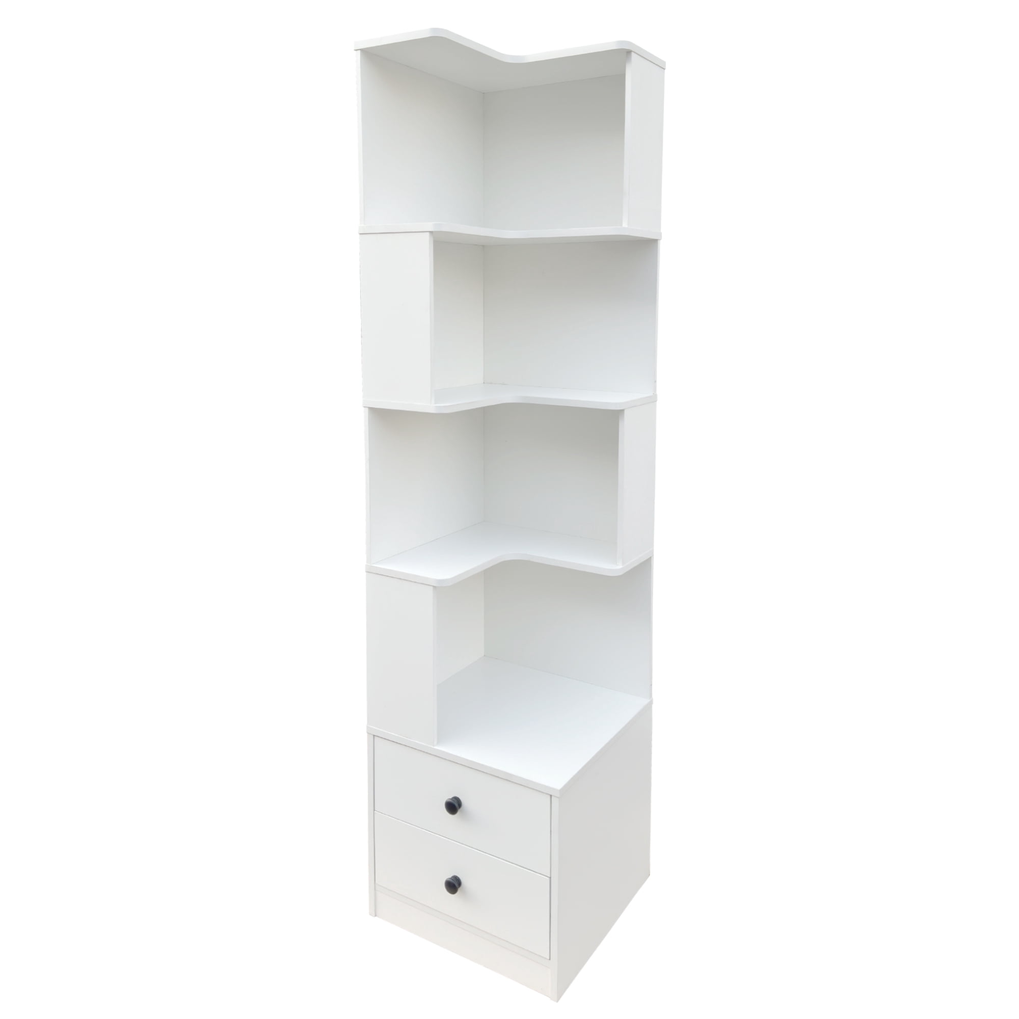 Leumius 4 Tier L Shaped Display Shelf Stand with Baffle and Drawers, Freestanding Corner Bookshelf Bookcase with LED Lights for Home Office Living Room Bedroom Kitchen White
