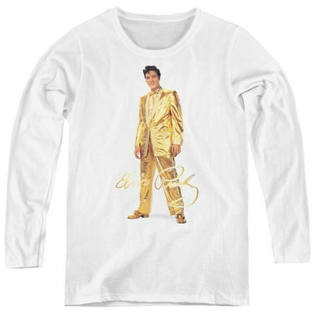 Trevco Sportswear ELV786-WL-5 Womens Elvis Presley & Gold Lame Suit Long Sleeve T-Shirt, White - 2X
