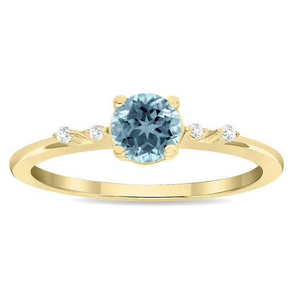SZUL Women's Round Shaped Aquamarine and Diamond Sparkle Ring in 10K Yellow Gold