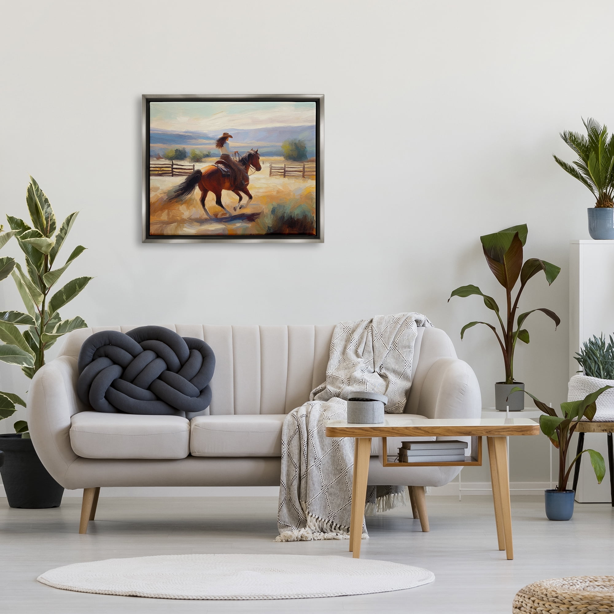 Stupell Industries Galloping Cowgirl Landscape Animals & Insects Painting Gray Floater Framed Canvas Art Print Wall Art, 31 x 25