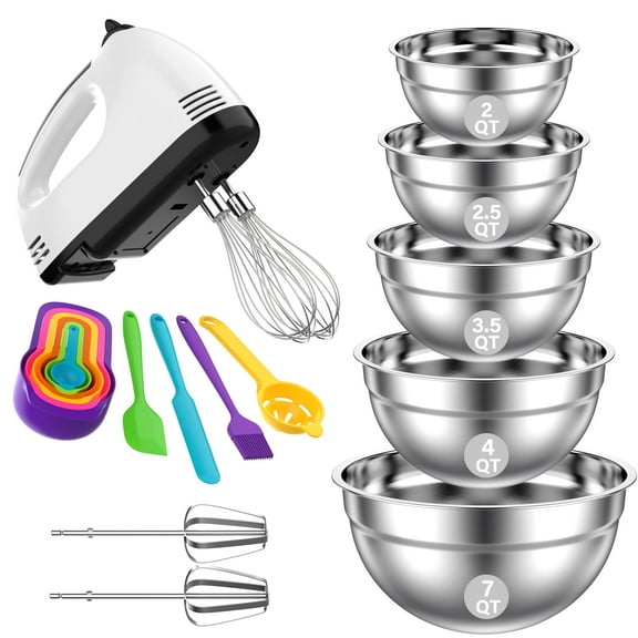 TINANA 7-Speed Electric Hand Mixer, 5 PCS Mixing Bowls Set, Metal Nesting Storage Bowls for Kitchen, Size 7, 4, 3.5, 2.5, 2 QT, Great for Prep, Baking, Serving
