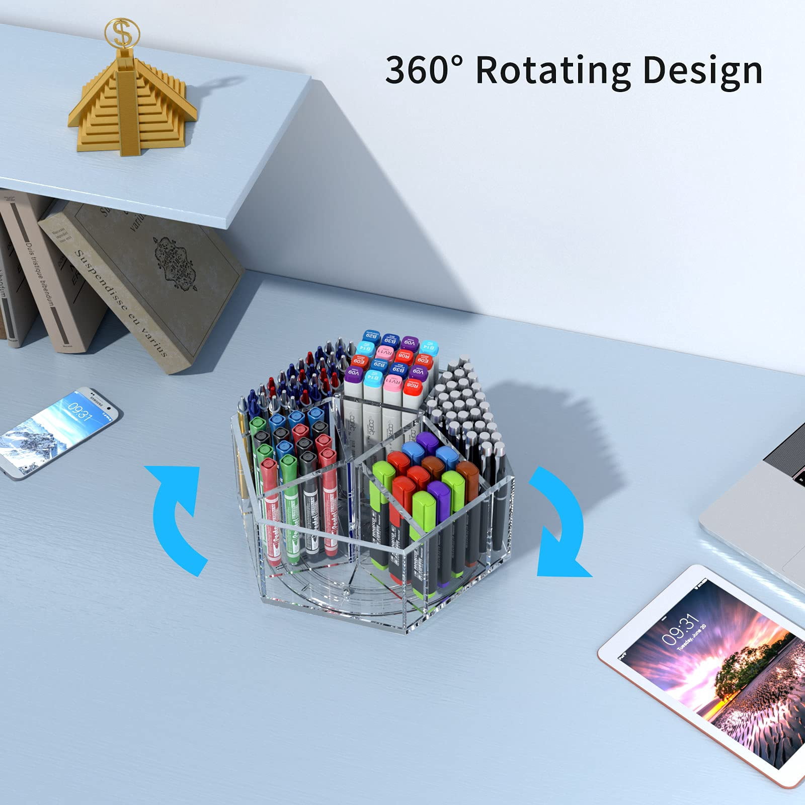 NIUBEE Acrylic Pen Holder, 360 Degree Rotating Pencil Organizer, Crayon Organizer, Marker Holder, Caddy Art Supply Organizer for Desk, Large Desk Organizer for Office Home