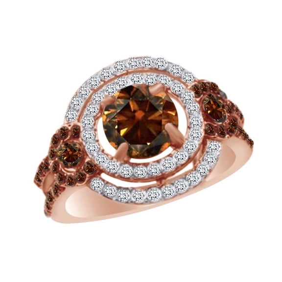 AFFY Round Simulated Brown & White Cubic Zirconia Halo Engagement Ring In 14k Rose Gold Over Sterling Silver Ring Size-4