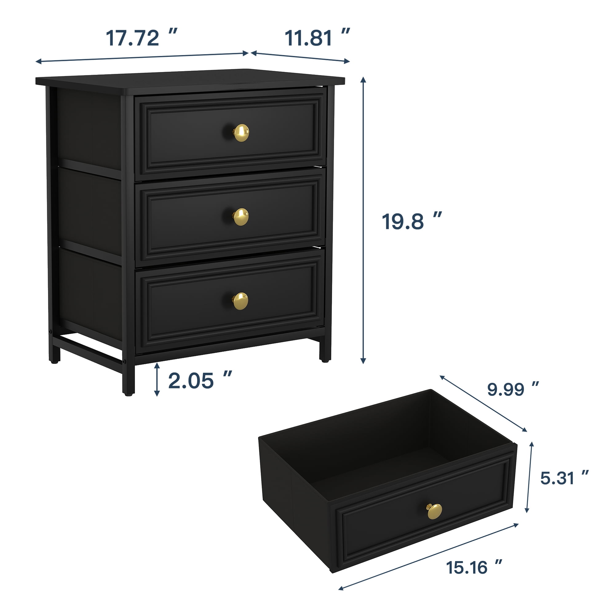 Demi Bonn Nightstand Set of 2, Bedside Table with 3 Decorated Drawers, Wood Accent Side End Table with Storage for Bedroom, Black
