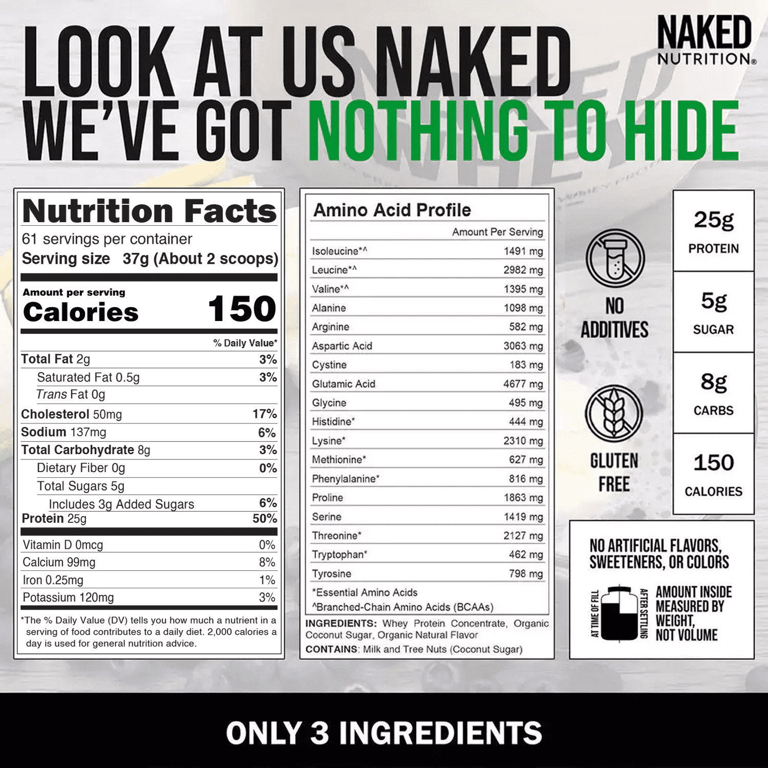 NAKED Whey Vanilla Protein - All Natural Grass Fed Whey Protein Powder + Vanilla + Coconut Sugar- 5Lb Bulk, GMO-Free, Soy Free, Gluten Free. Aid Muscle Recovery - 61 Servings