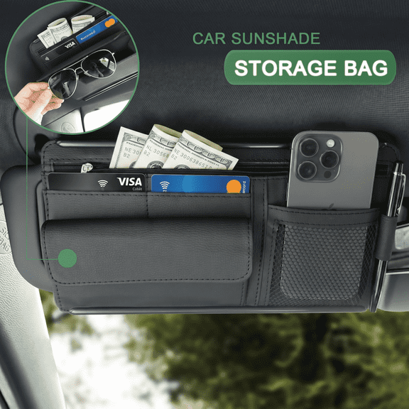 Car Sun Visor Organizer, Universal PU Leather Storage Bag, Black Card Holder Pouch Pocket