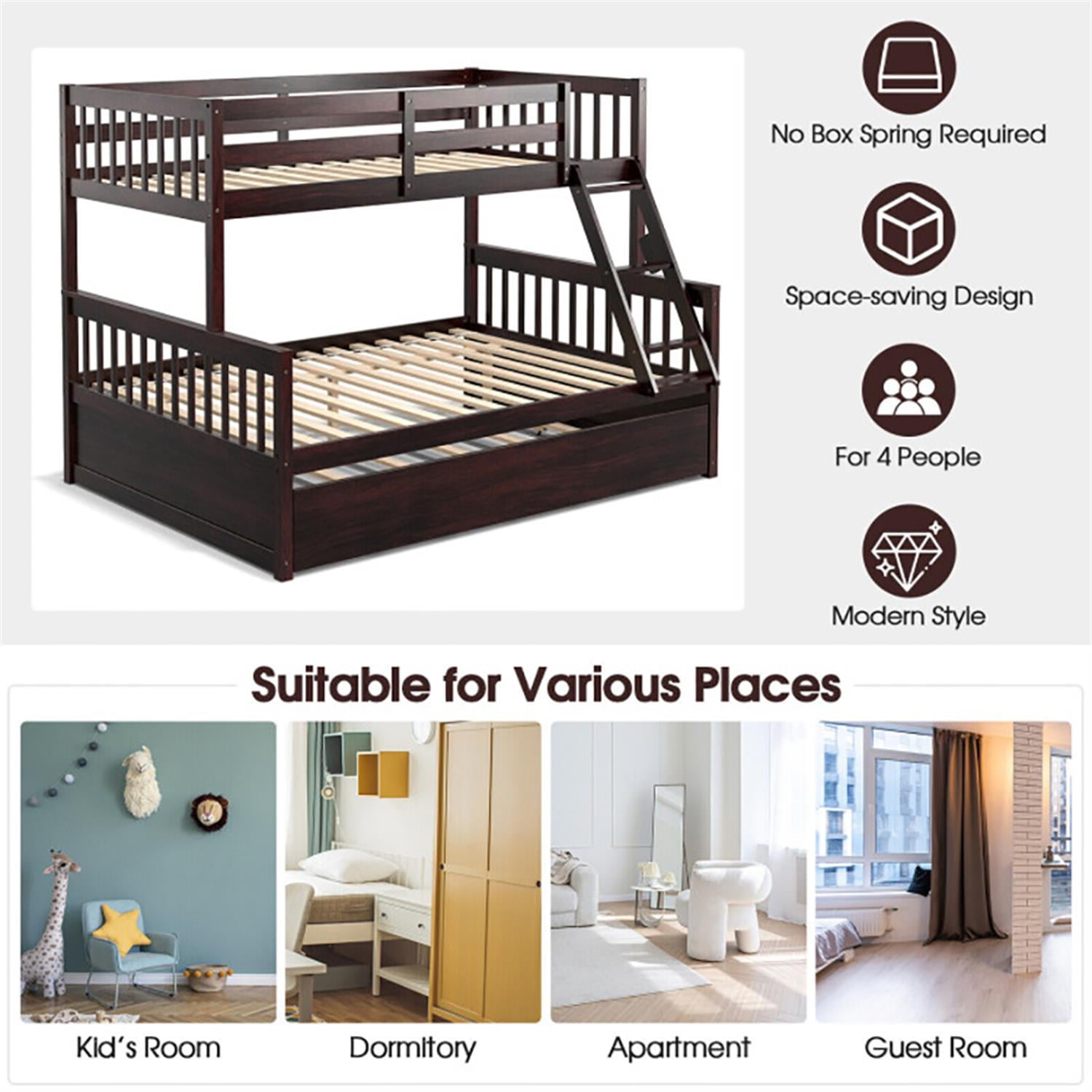 Demi Bonn Twin Pull-Out Bunk Beds with Ladder in the Steps and a Trundle, Full Convertible Bunk Bed Platform, Brown