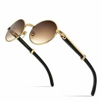 Men's Brown Tint Gold Frame Round Oval Hip Hop Fashion Woodgrain Sunglasses