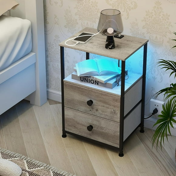 Nightstand with Charging Station USB Outlet and LED Light End Table Dresser with 2 Fabric Drawers Open Storage Shelf for Bedroom Living Room Sofa Beside (1, Multi)